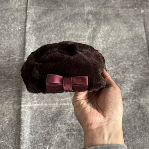 Women's Vintage 1950's Amrose New York Dark Purple Bow Mink Fur Beret Hat Cap